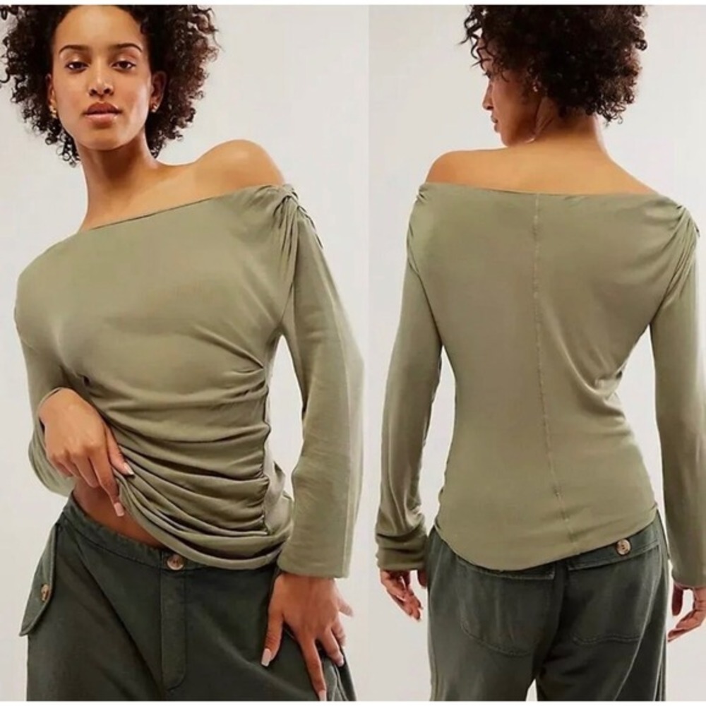 NWT Free People Night We Met Long Sleeve Top Ribbed Ruched Size XS Green - Picture 10 of 10